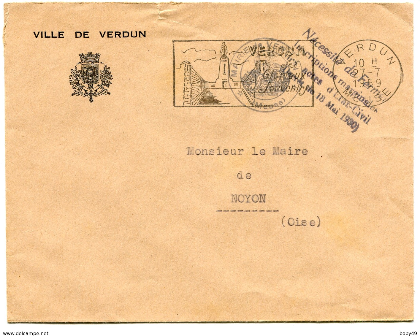 MEUSE De VERDUN    Env. à En Tête De La Mairie  Avec EMA      Du 07/07/1959 - 1921-1960: Période Moderne