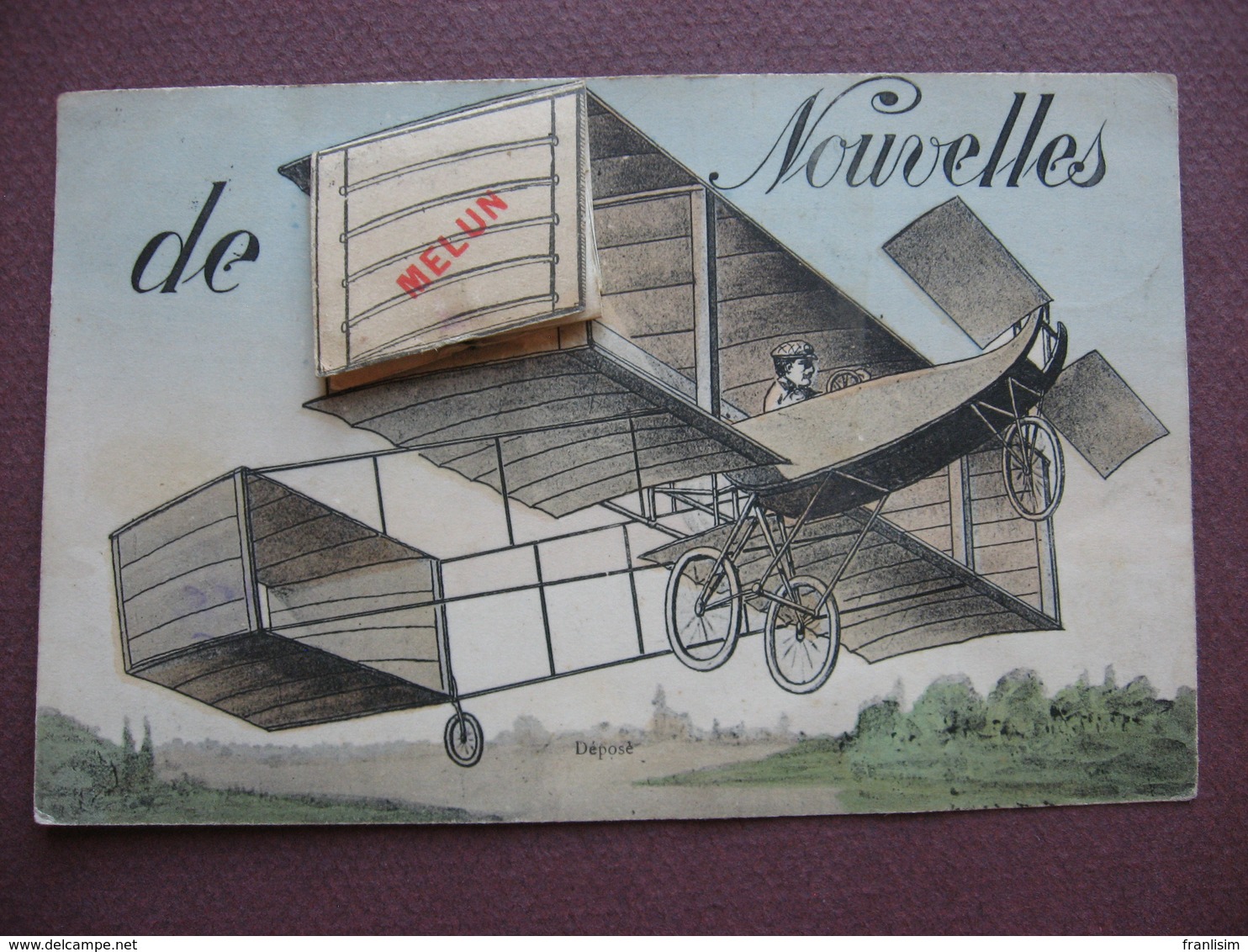 CPA SYSTEME DEPLIANT 10 Vues 77 MELUN Nouvelles De ...  RARE ? Dessin AVIATION AVION BIPLAN 1911 - Melun