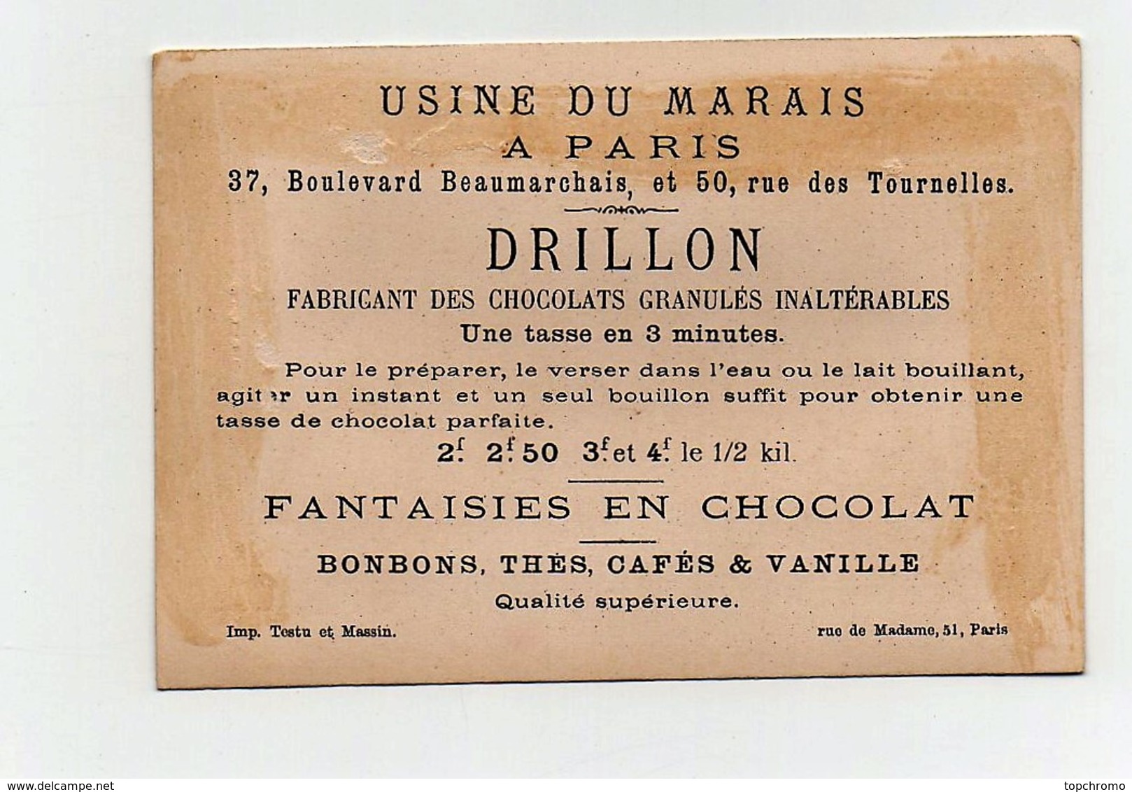 CHROMO Chocolat Drillon Usine Du Marais Paris Testu Et Massin Fruit Du Cacaoyer En Forme De Papillon - Other & Unclassified