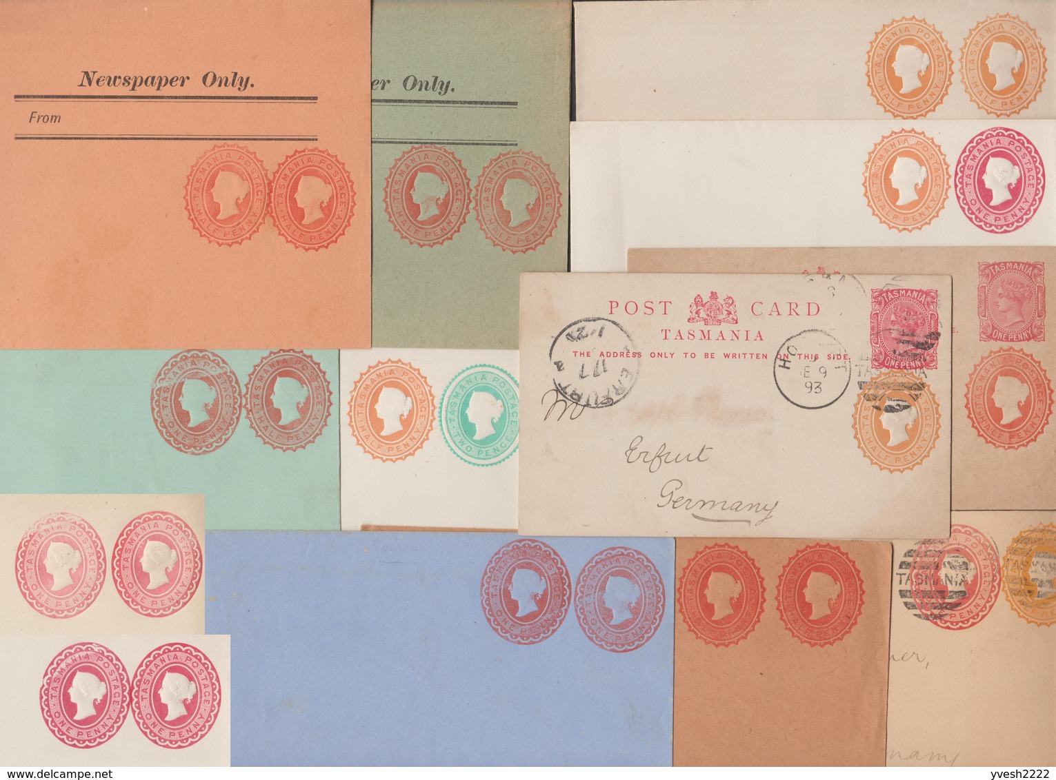 Tasmanie Vers 1893. Petit Lot De 9 Enveloppes, 2 Cartes Et 2 Bandes Pour Journaux, Entiers Postaux, Private Stationery - Storia Postale