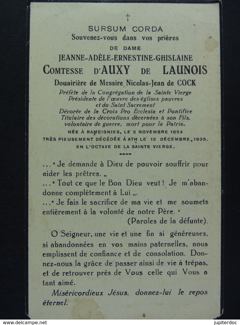 Jeanne Comtesse D'Auxy De Launois Douairière Nicolas-Jean De Cock Rameignies 1854 Ath 1935 - Images Religieuses