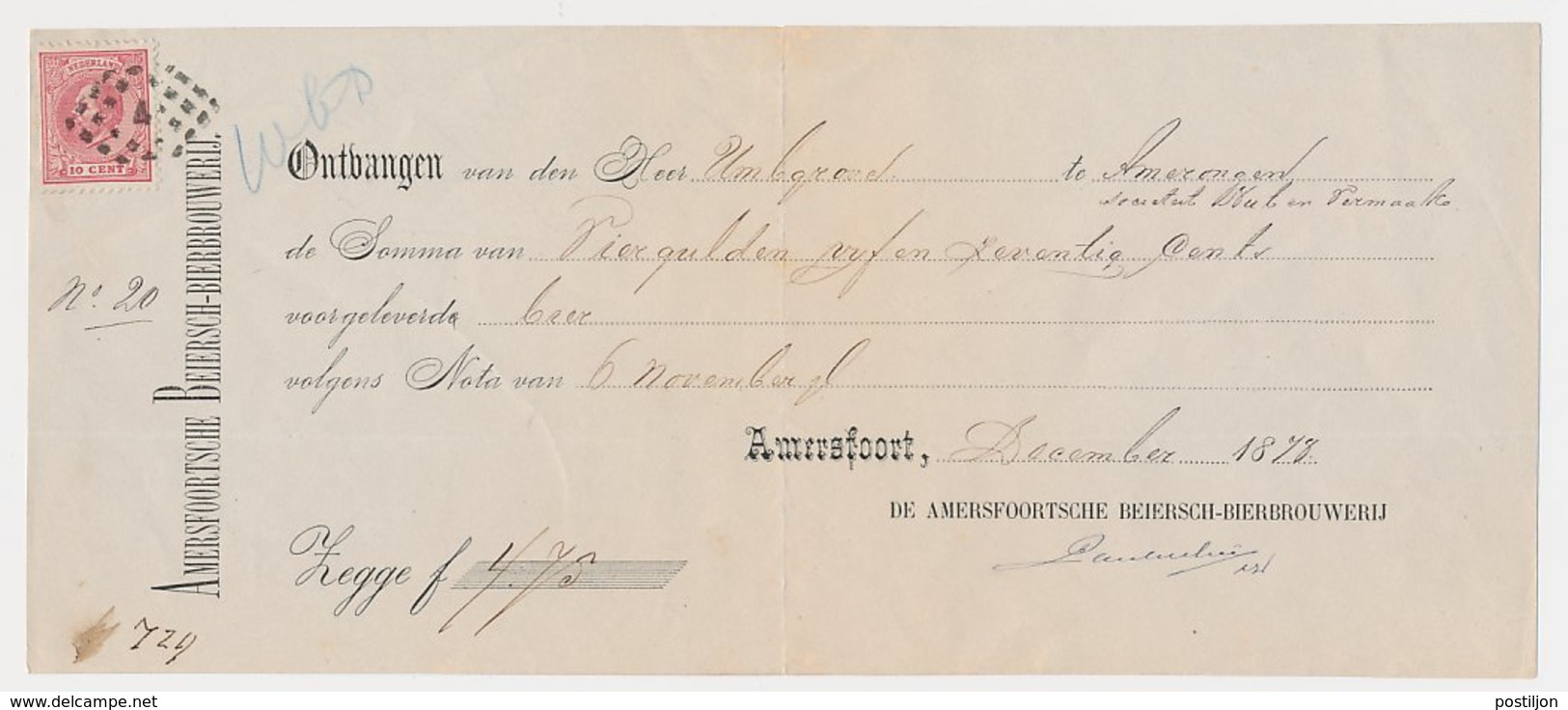 Em. 1872 Amersfoort - Amerongen - Kwitantie - Non Classificati