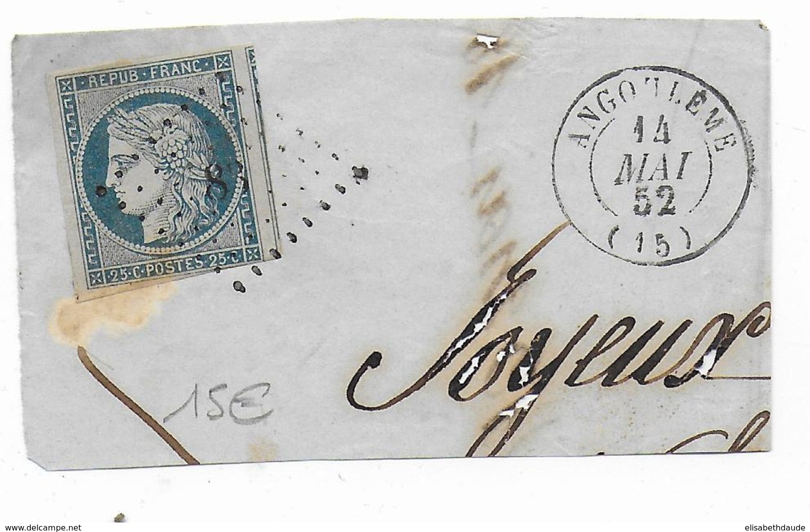 1852 - CERES YT N° 4 OBLITERE PC 83 ANGOULEME (CHARENTE INFERIEURE) Sur FRAGMENT De LETTRE => LYON - 1849-1850 Ceres