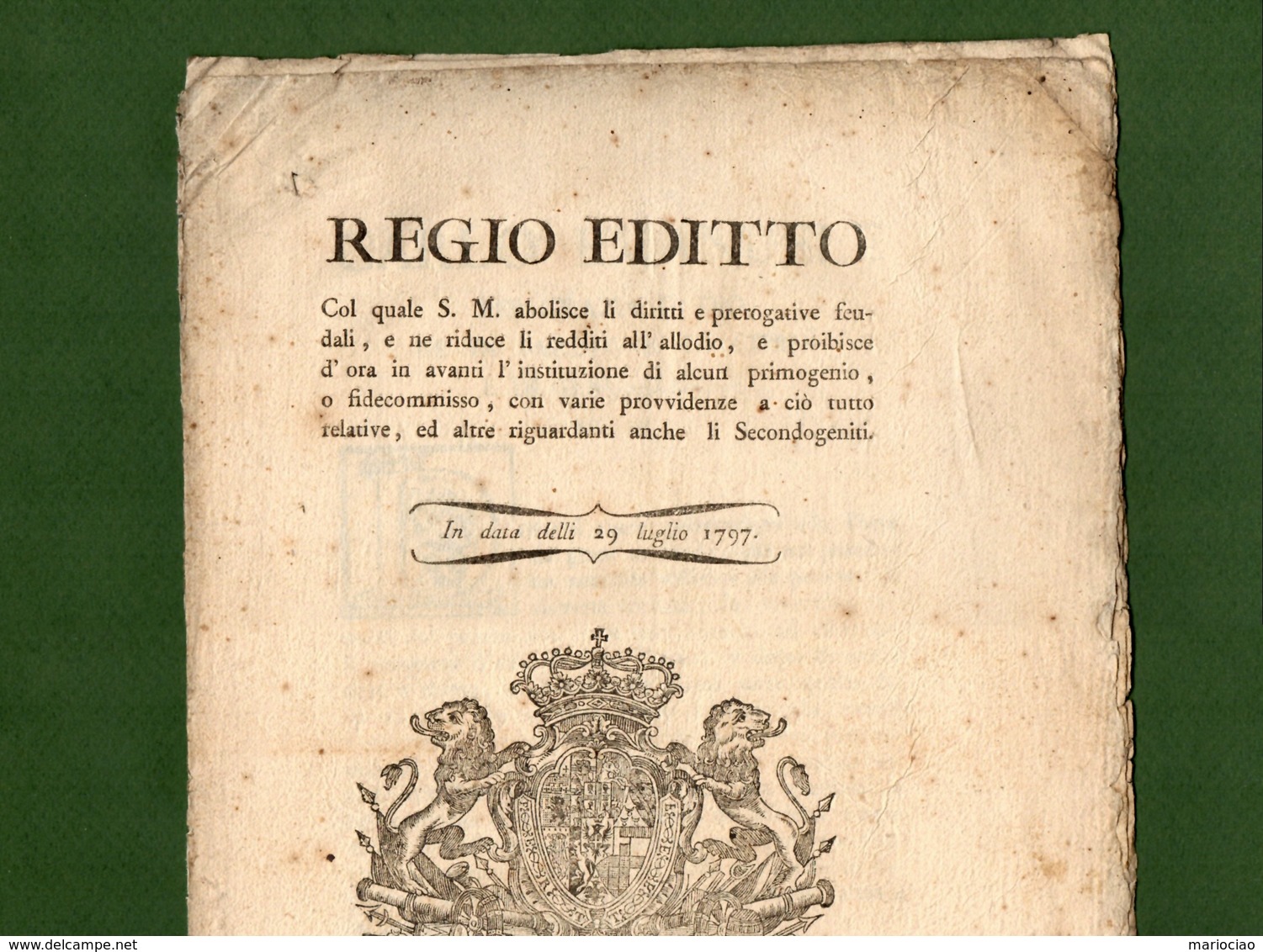 D-IT Regno Di Sardegna 1797 Abolizione DIRITTI FEUDALI E PRIMOGENITURA - Documenti Storici