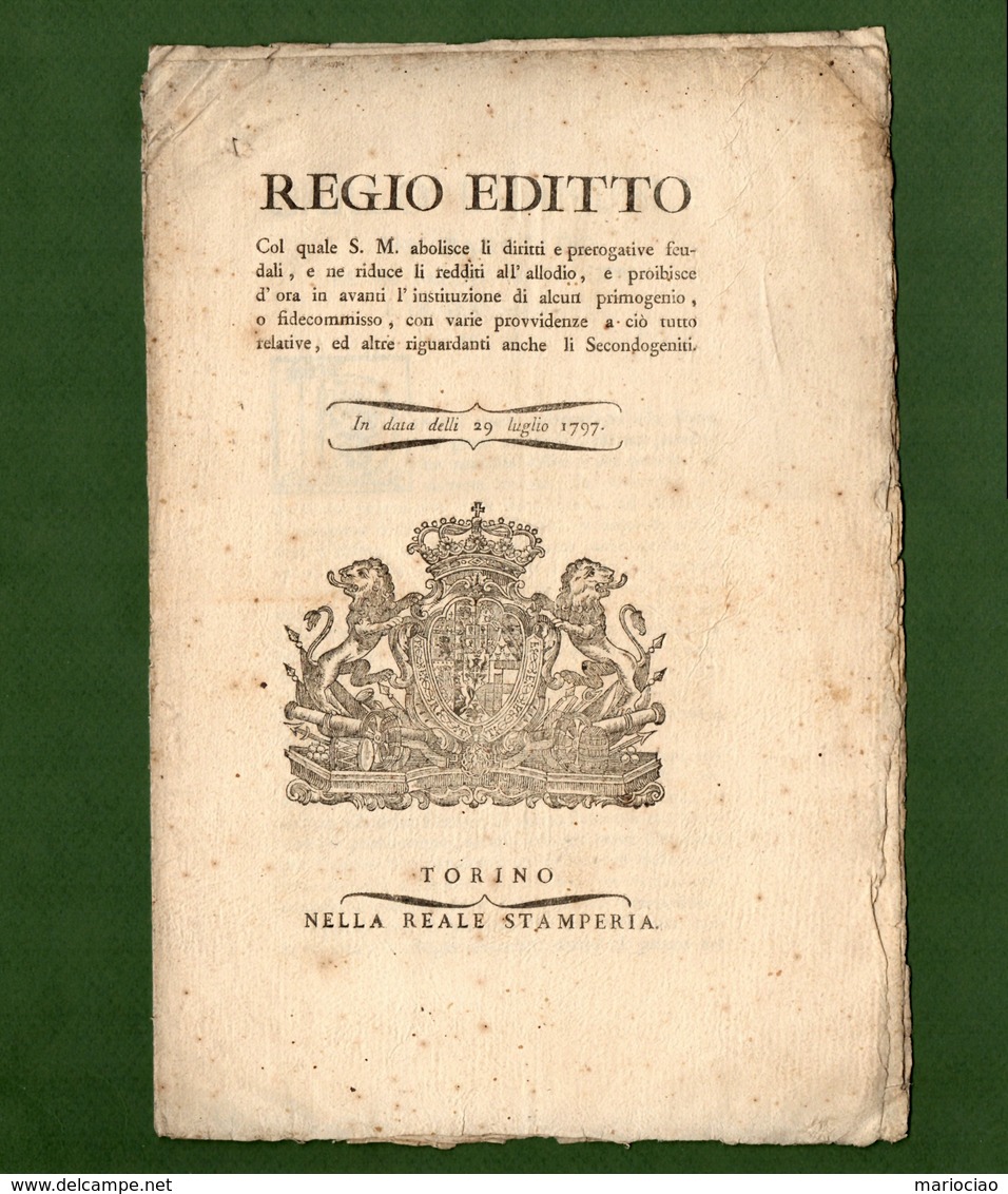 D-IT Regno Di Sardegna 1797 Abolizione DIRITTI FEUDALI E PRIMOGENITURA - Documents Historiques