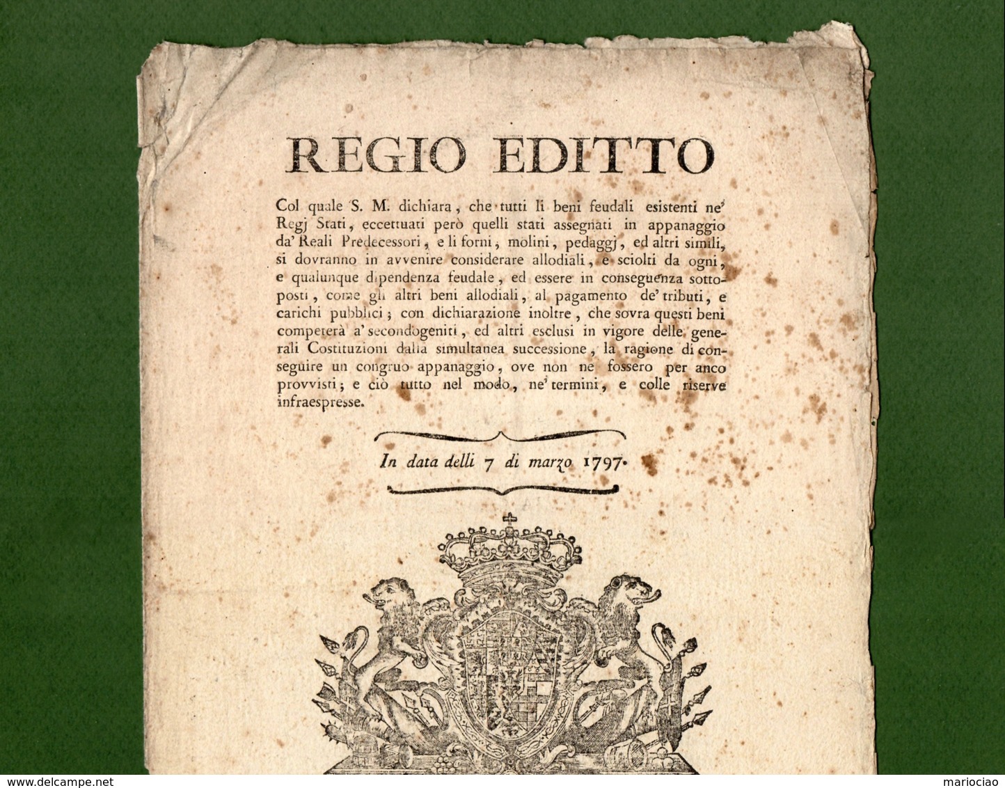 D-IT Regno Di Sardegna 1797 Abolizione Dei DIRITTI FEUDALI - Documenti Storici