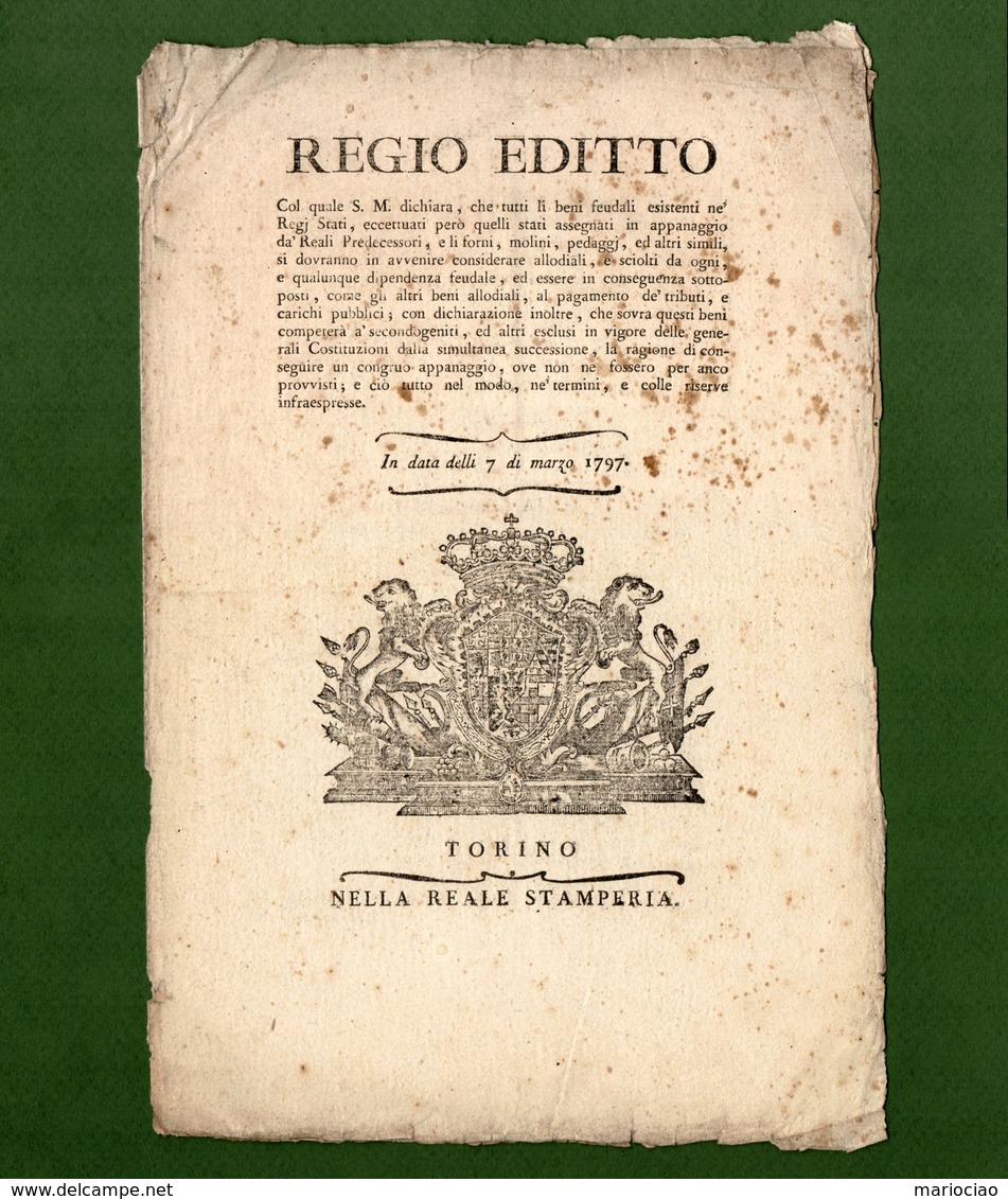 D-IT Regno Di Sardegna 1797 Abolizione Dei DIRITTI FEUDALI - Documenti Storici