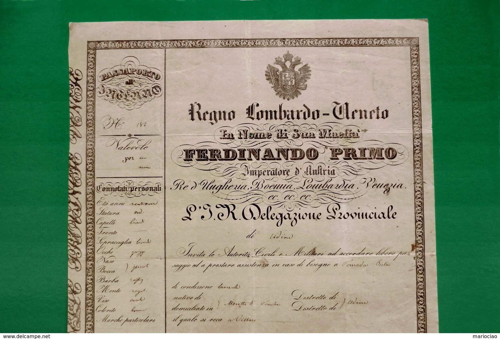 D-IT R.Lombardo Veneto 1840 PASSAPORTO Ferdinando Primo D'Austria Da Udine A Villach REISEPASS - Documenti Storici