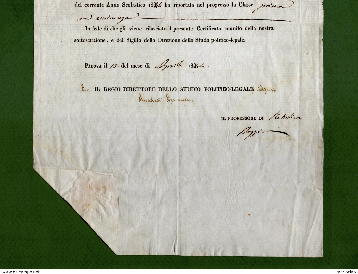 D-IT R. Lombardo Veneto 1844 Imperiale Regia Università Di Padova Attestato Studi Con Sigillo - Documenti Storici