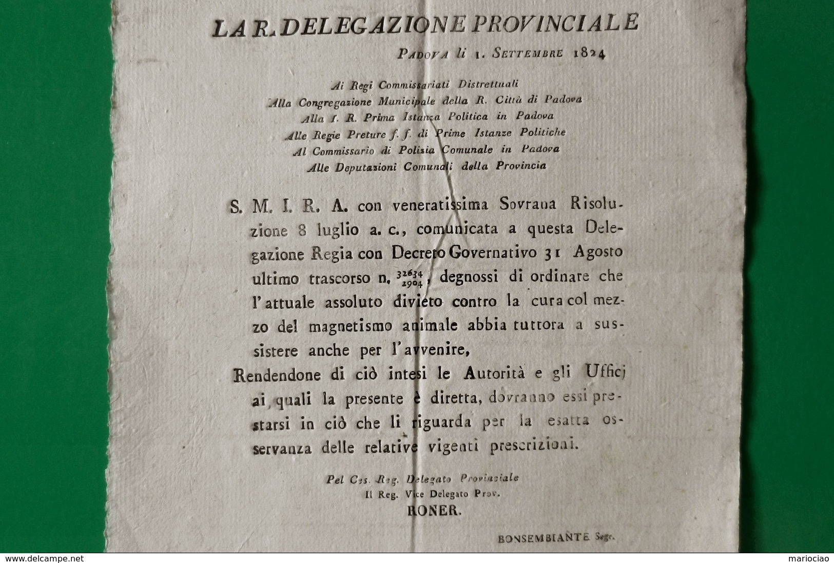 D-IT R. Lombardo Veneto 1824 Padova MEDICINA Cure Con Il MAGNETISMO - Documenti Storici