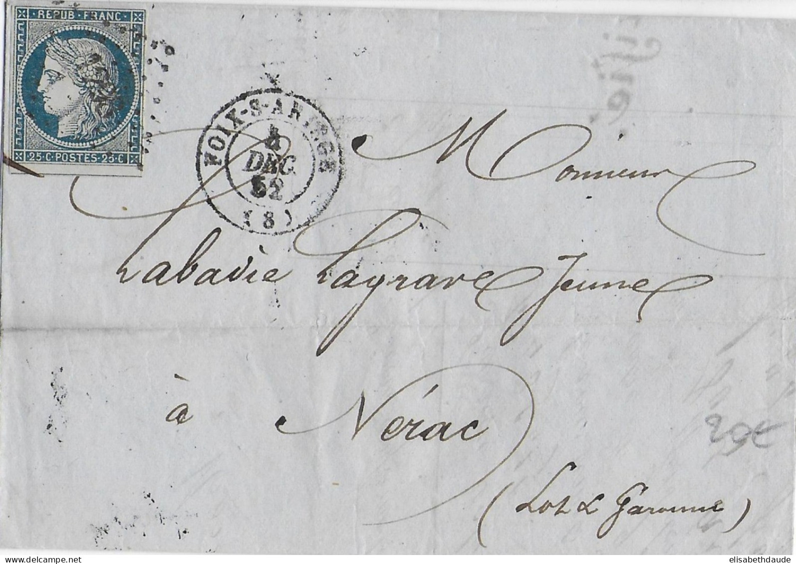 1852 - CERES YT N° 4 OBLITERE PC 1298 De FOIX (ARIEGE) Sur LETTRE => NERAC - 1849-1850 Ceres