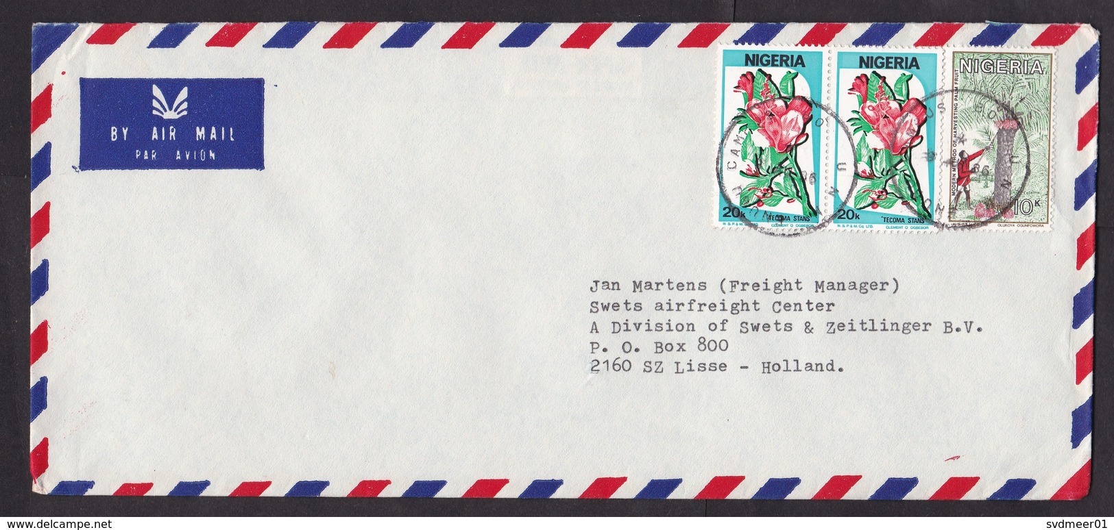 Nigeria: Airmail Cover To Netherlands, 1986, 3 Stamps, Flower, Palm Fruit Harvest (traces Of Use) - Nigeria (1961-...)