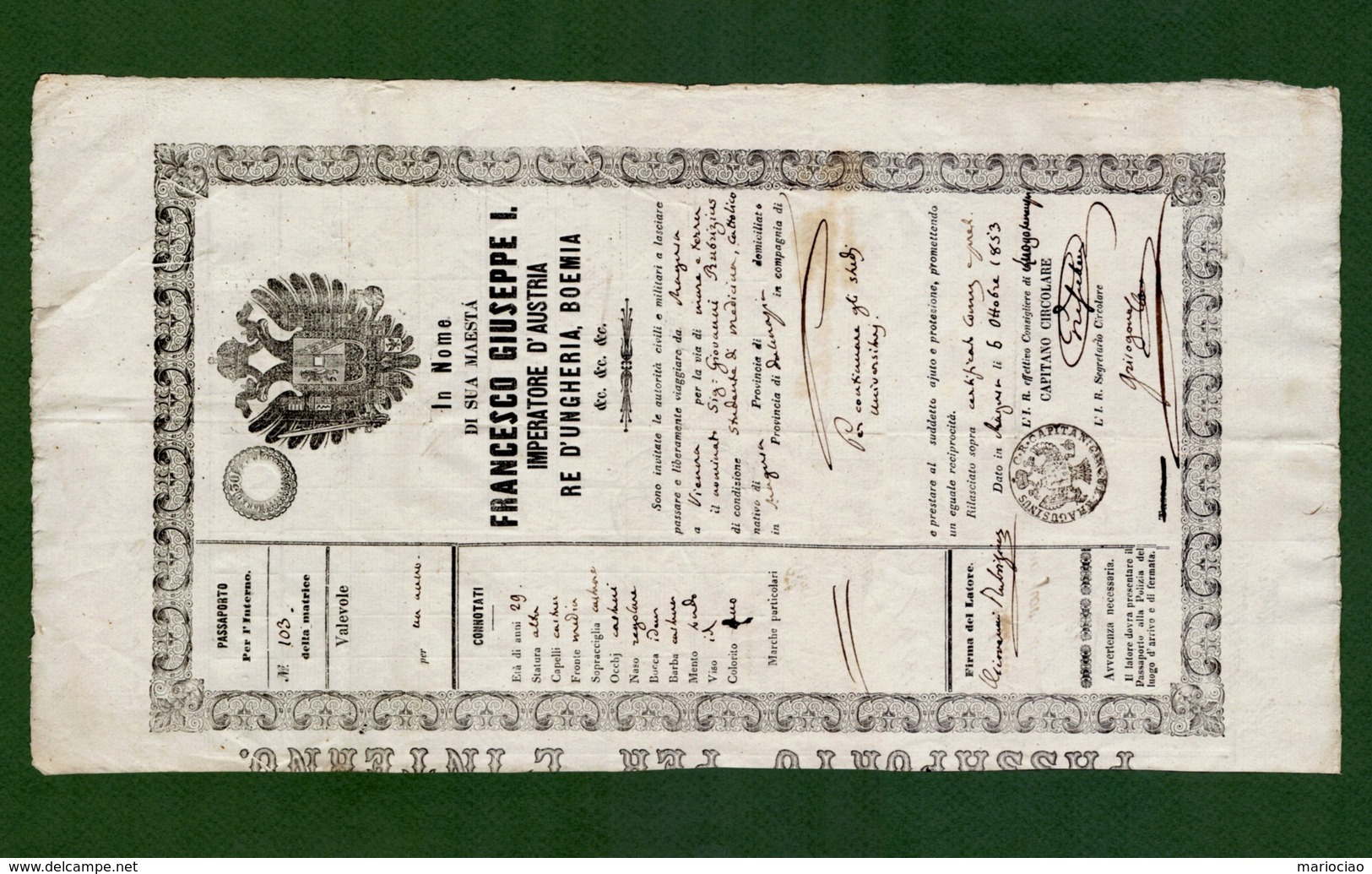 D-IT Passaporto Impero Austriaco Francesco Giuseppe I 1853 Franz Joseph REISEPASS PASSEPORT - Documenti Storici