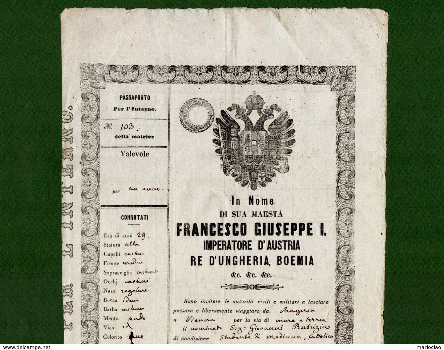 D-IT Passaporto Impero Austriaco Francesco Giuseppe I 1853 Franz Joseph REISEPASS PASSEPORT - Historical Documents