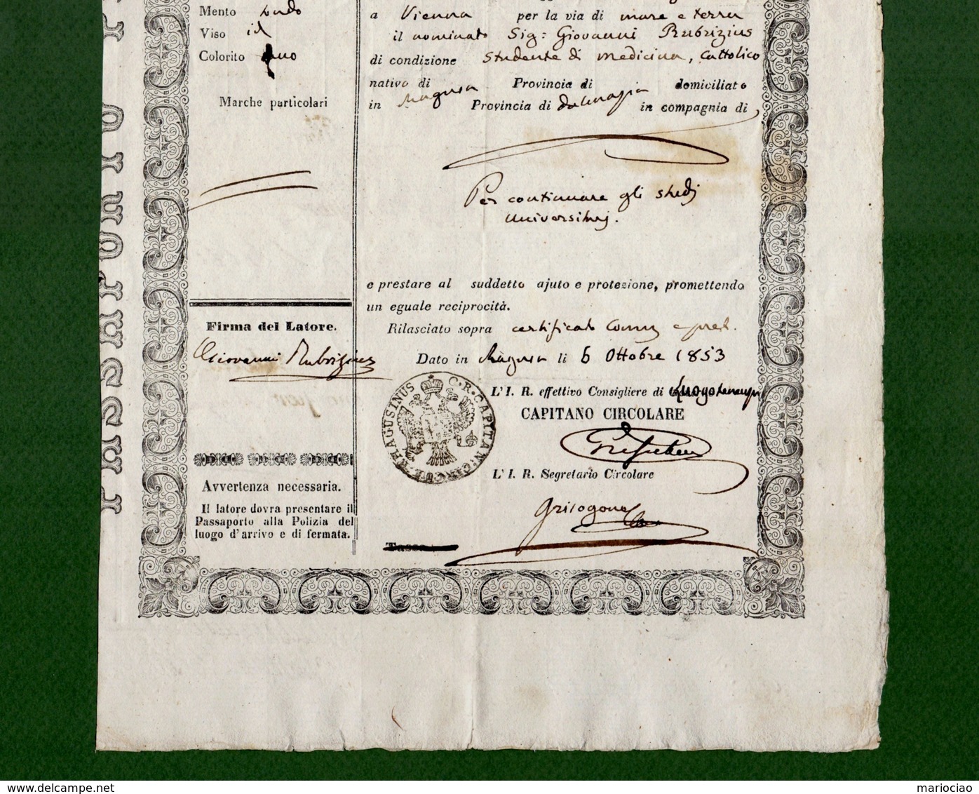 D-IT Passaporto Impero Austriaco Francesco Giuseppe I 1853 Franz Joseph REISEPASS PASSEPORT - Historical Documents