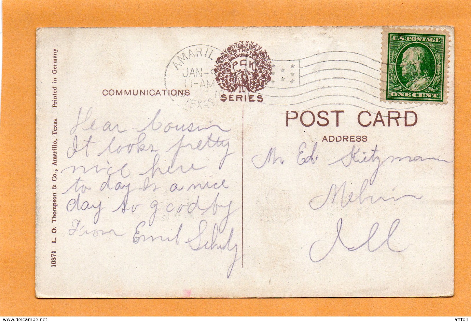 Aamarillo Tex 1910 Postcard - Amarillo