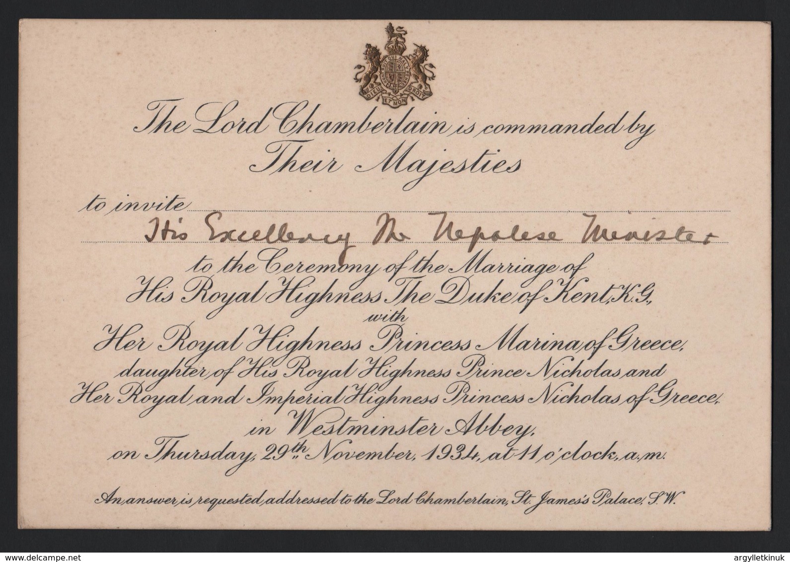 ROYAL WEDDING PRINCESS MARINA GREECE DUKE OF KENT WESTMINSTER ABBEY NEPAL 1934 - Tickets - Vouchers