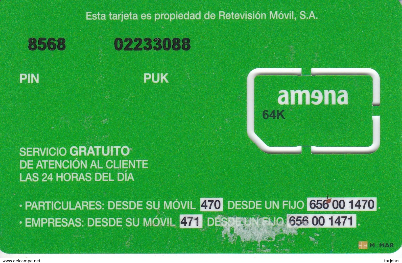 TARJETA GSM - SIM DE AMENA  PORTABILIDAD (NUEVA-MINT) MUY RARA - Amena - Retevision