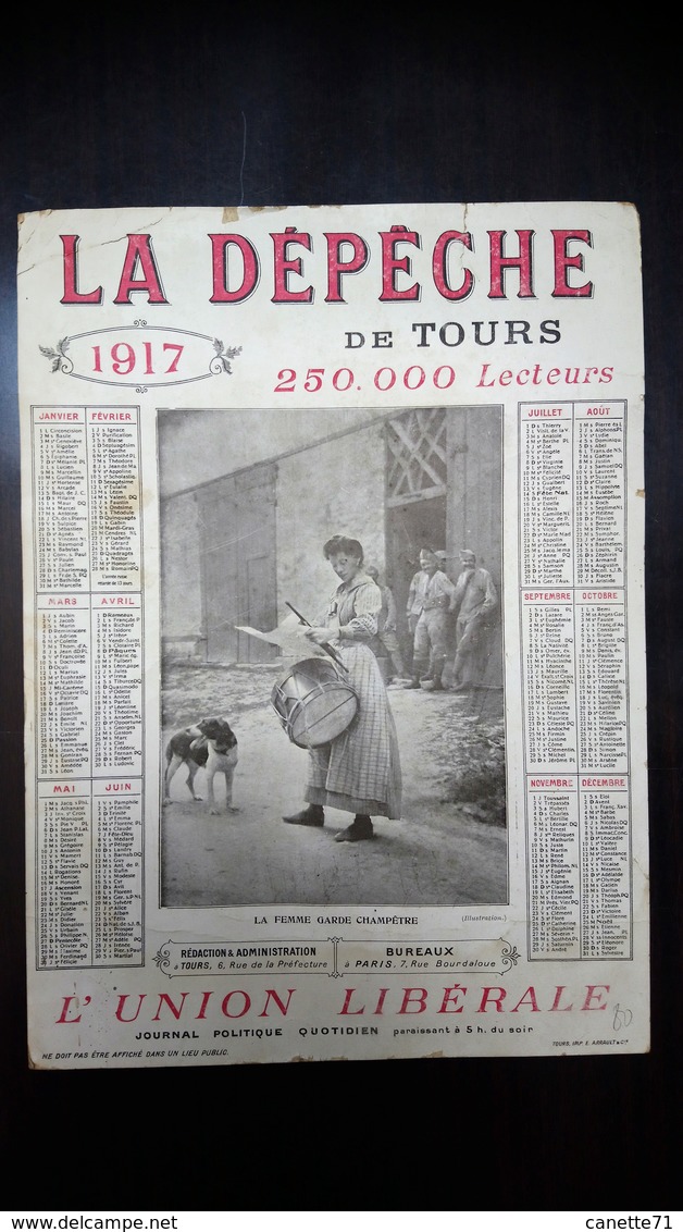 Calendrier 1917 La Depêche De Tours Union Libérale - Grand Format : 1901-20