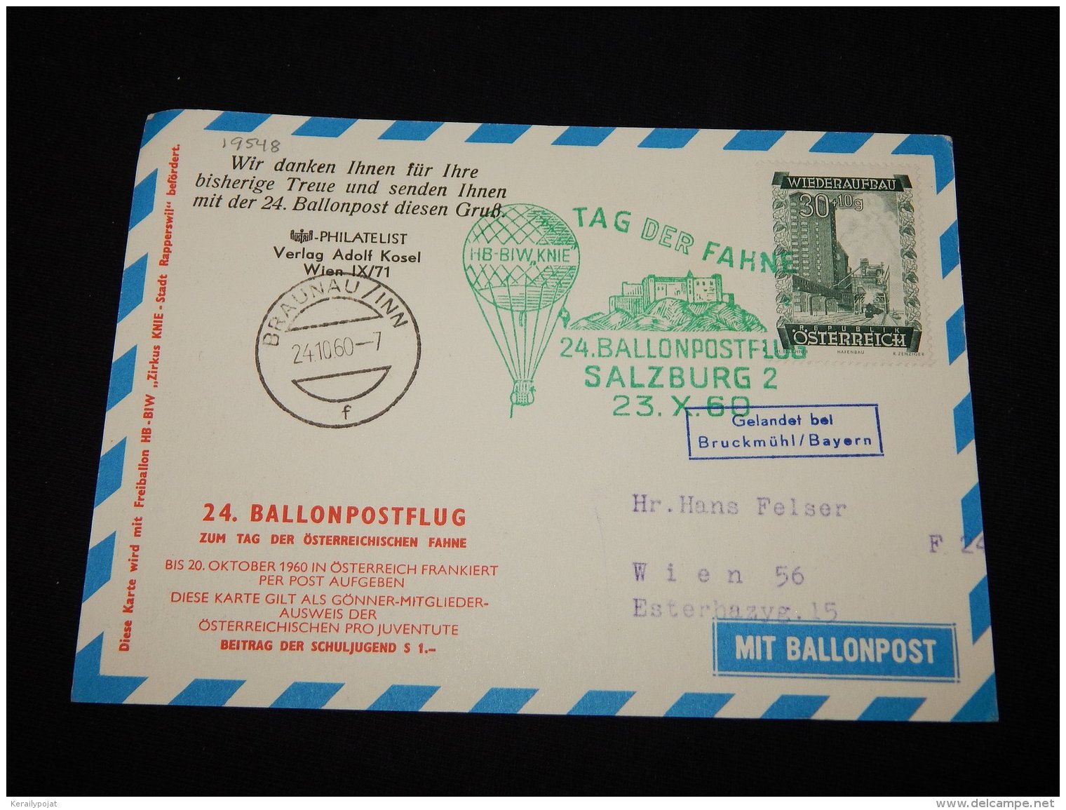 Austria 1960 Salzburg 2 Balloonpost Card__(L-19548) - Briefe U. Dokumente