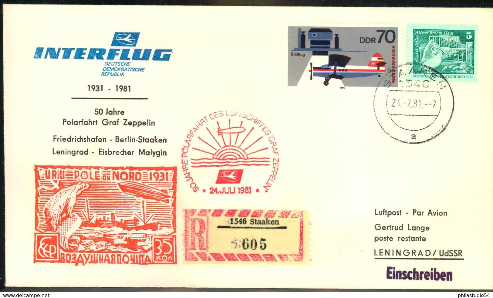 1981, Interflug Schönefeld-Leningrad, R-Zettel "1544 Staaken", 50 Jahre Polarfahrt - Autres & Non Classés