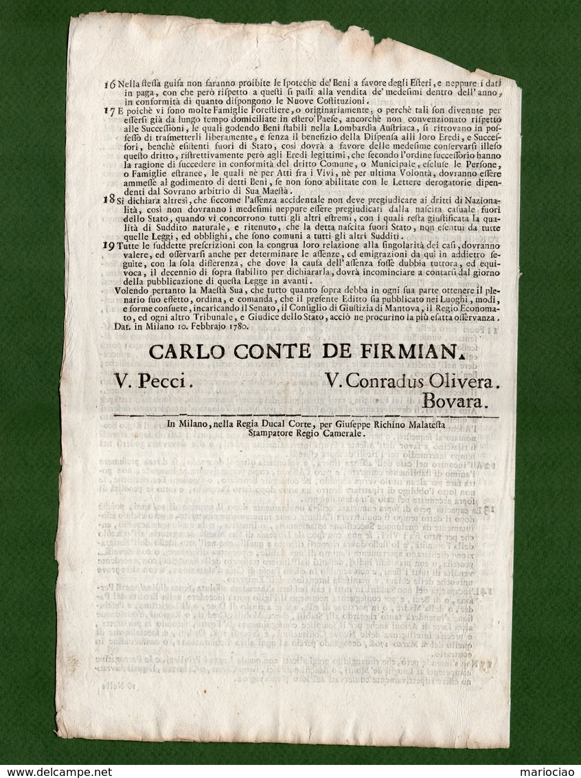 D-IT Ducato Di Milano 1776~ Maria Teresa D'Austria Legge Sulle Successioni Testamentarie - Documenti Storici