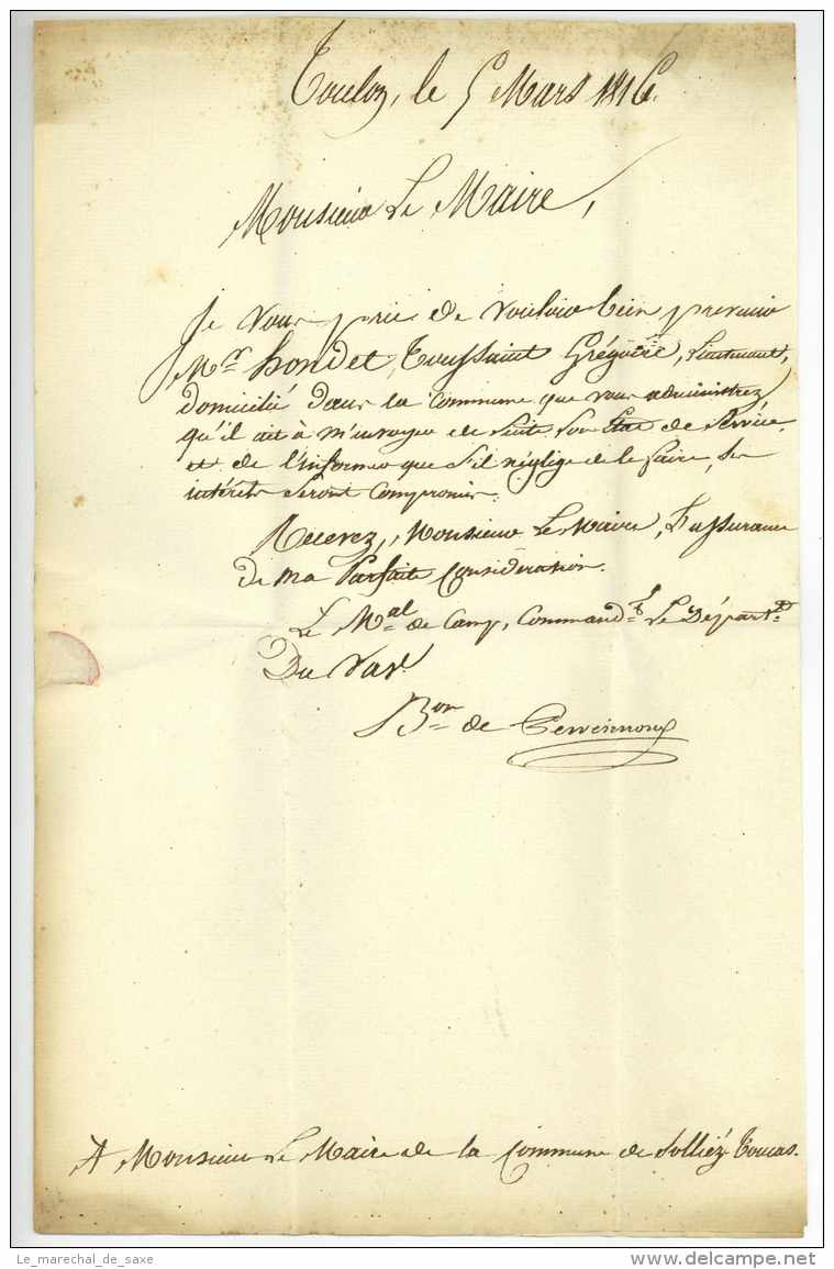 Franchise 1816 TOULON General Commandant Du VAR Sollies-Toucas PERREIMOND (1766-1844) - Army Postmarks (before 1900)