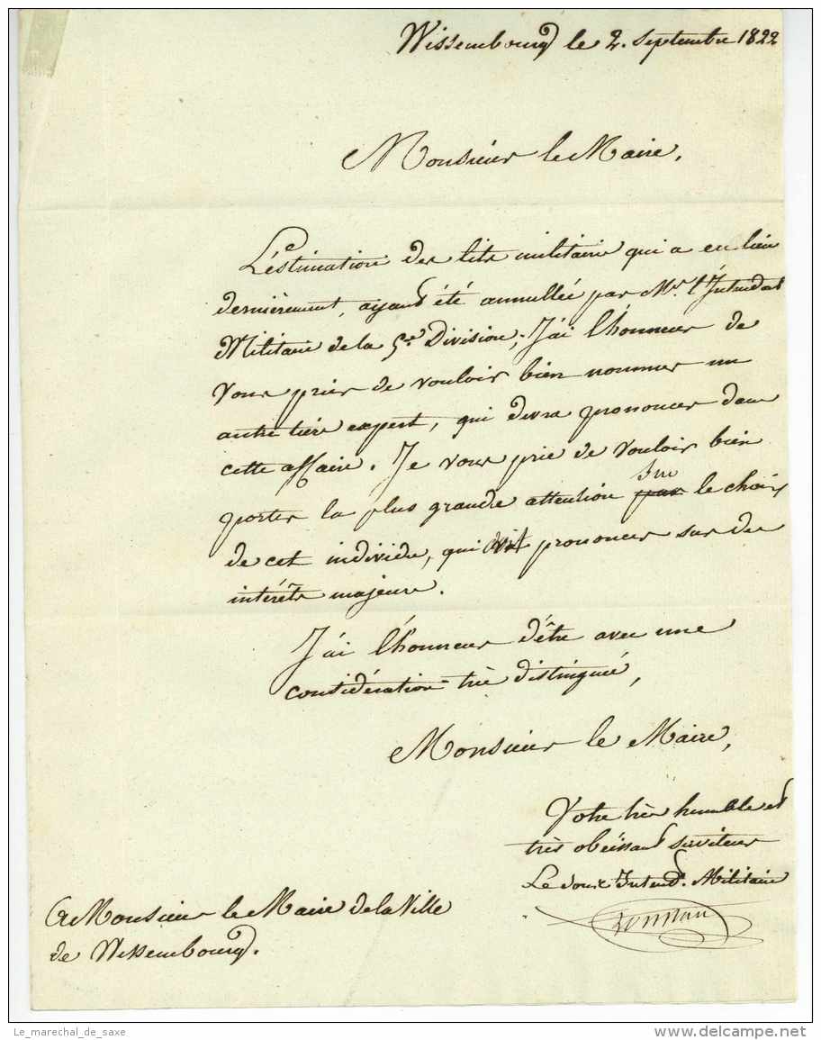Rare Franchise 1822 WISSEMBOURG Sous-Intendant Militaire - Marques D'armée (avant 1900)