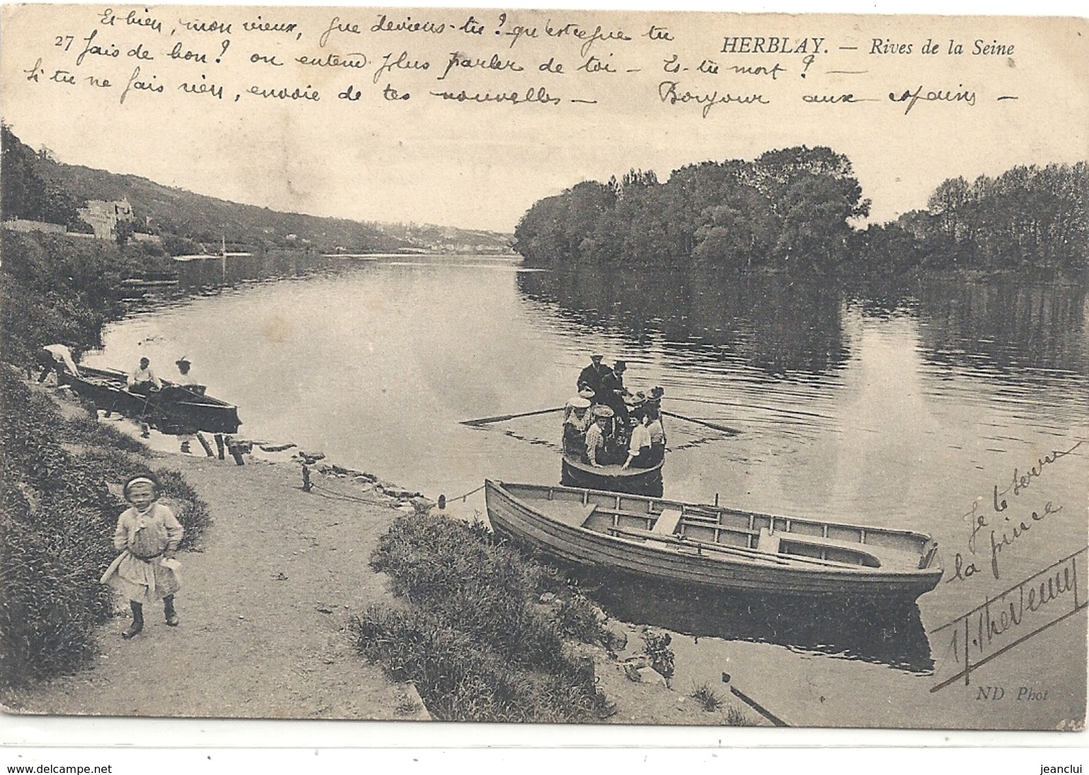 HERBLAY - RIVES DE SEINE . CARTE TRES ANIMEE + OBLIT CONVOYEUR De " PARIS A MANTES " DU 3 AOUT 1906 . 2 SCANES - Herblay