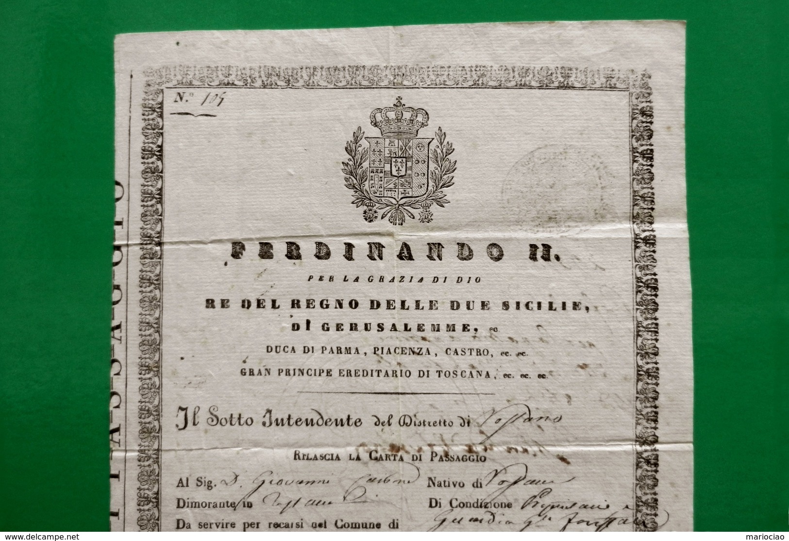 D-IT CARTA DI PASSAGGIO Regno Delle Due Sicilie NAPOLI 1842 Lasciapassare - Historical Documents