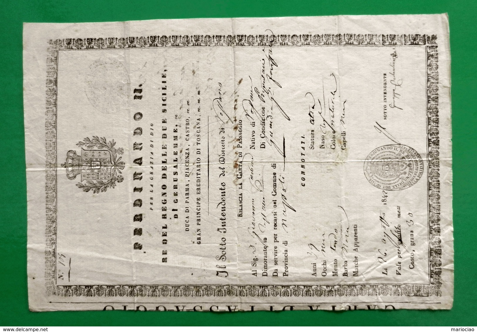 D-IT CARTA DI PASSAGGIO Regno Delle Due Sicilie NAPOLI 1842 Lasciapassare - Documenti Storici