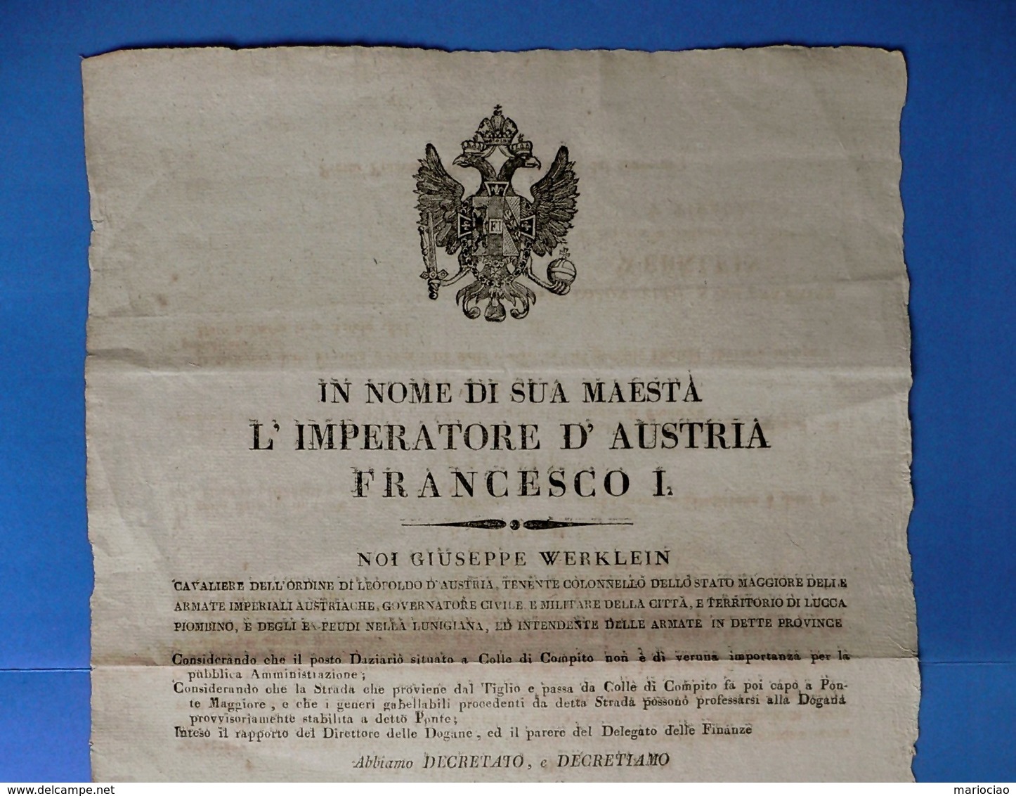 D-IT Austria Territorio Di Lucca 1815 Dogana A Colle Di Compito Cm 42x28 - Documents Historiques