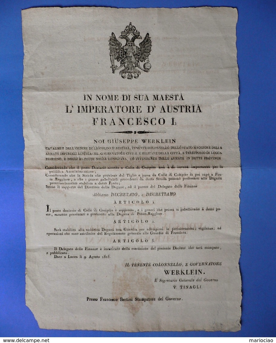 D-IT Austria Territorio Di Lucca 1815 Dogana A Colle Di Compito Cm 42x28 - Documents Historiques