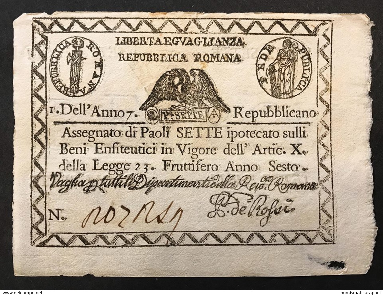 1à Repubblica Romana Assegnati 1798 Sette 7 Paoli Dell'anno 7 Bel Bello Spl Ma Mancanza Lotto.1868 - Other & Unclassified