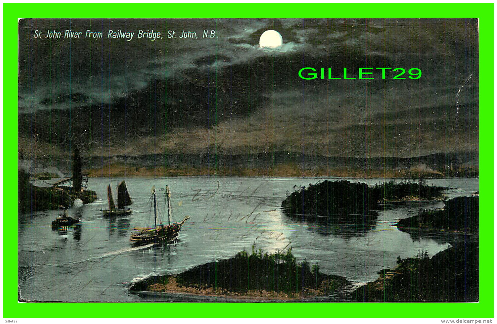 SUSSEX, NEW BRUNSWICK - ST JOHN RIVER FROM RAILWAY BRIDGE - ANIMATED WITH SHIPS - TRAVEL IN 1908 - THE VALENTINE &amp; S - St. John