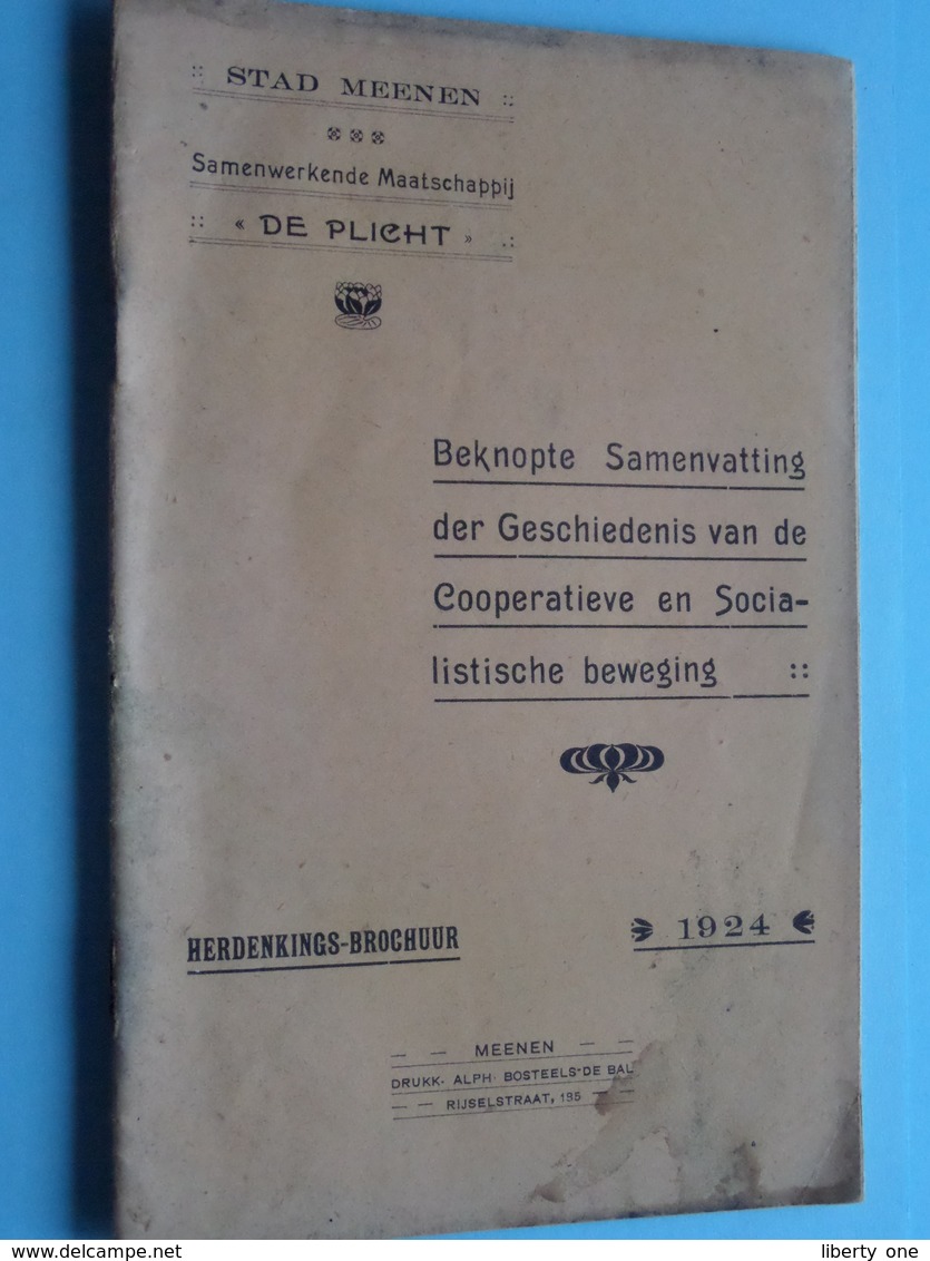 Stad MENEN " De Plicht " Herdenkings-Brochuur 1924 Cooperatieve En Socialistische Beweging ( Zie Foto / Voir Photo ) ! - Sin Clasificación