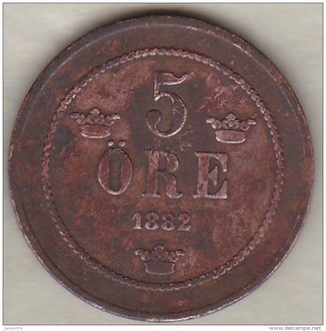 Sweden , 5 Ore 1882 Overdate 2/1 , Oscar II , Bronze , KM# 736, Rare - Suède