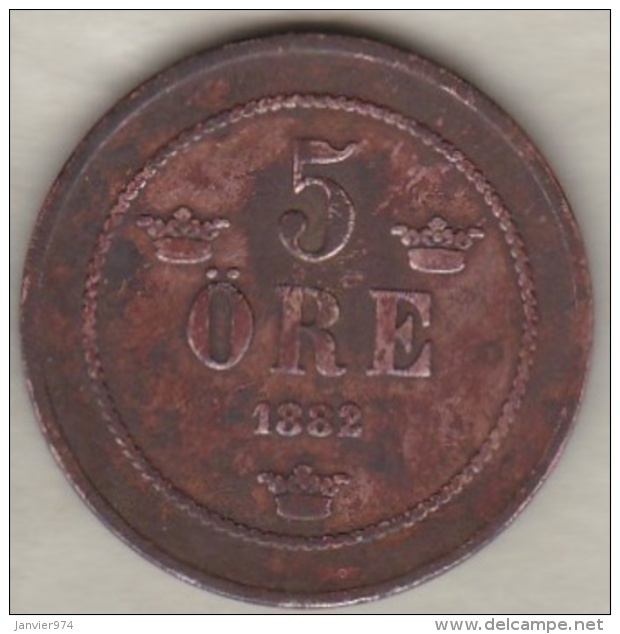 Sweden , 5 Ore 1882 Overdate 2/1 , Oscar II , Bronze , KM# 736, Rare - Suède