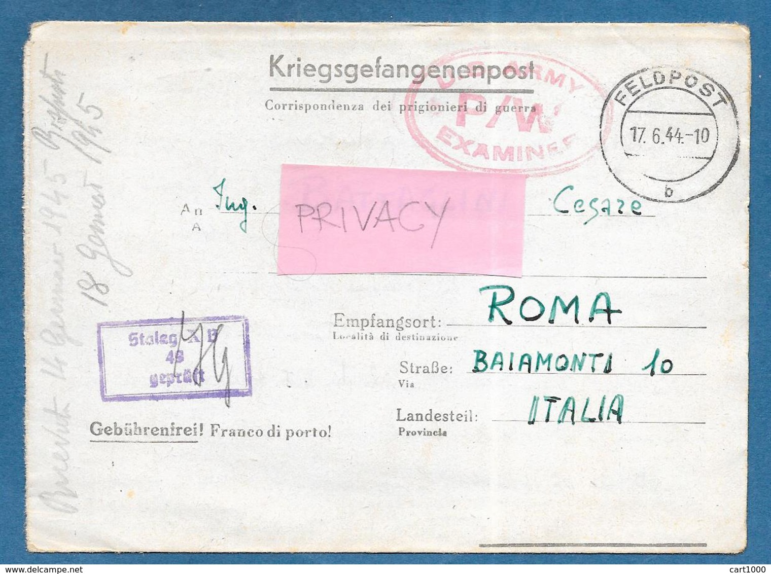 KRIEGSGEFANGENENPOST FELDPOST 1945 ROMA TO GERMANY M. STAMMLAGER X. B. PRISONNER OF WAR U.S. ARMY P/W EXAMINER - Documents