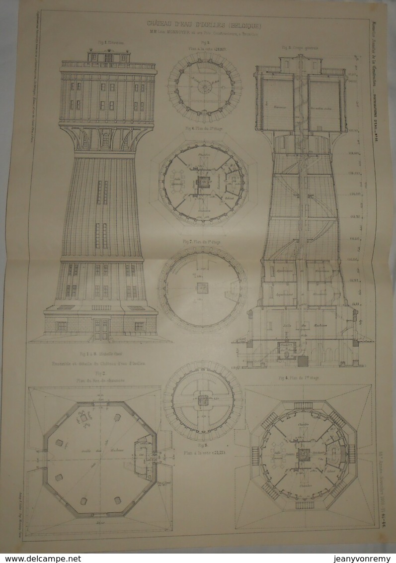 Plan Du Château D'eau D'Ixelles En Belgique. M.M.Léon Monnoyer Et Ses Fils, Constructeurs à Bruxelles. 1909 - Travaux Publics