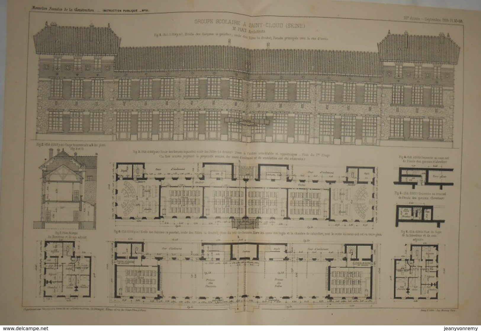 Plan D'un Groupe Scolaire à Saint-Cloud Dans La Seine. M. Piat, Architecte. 1909 - Travaux Publics