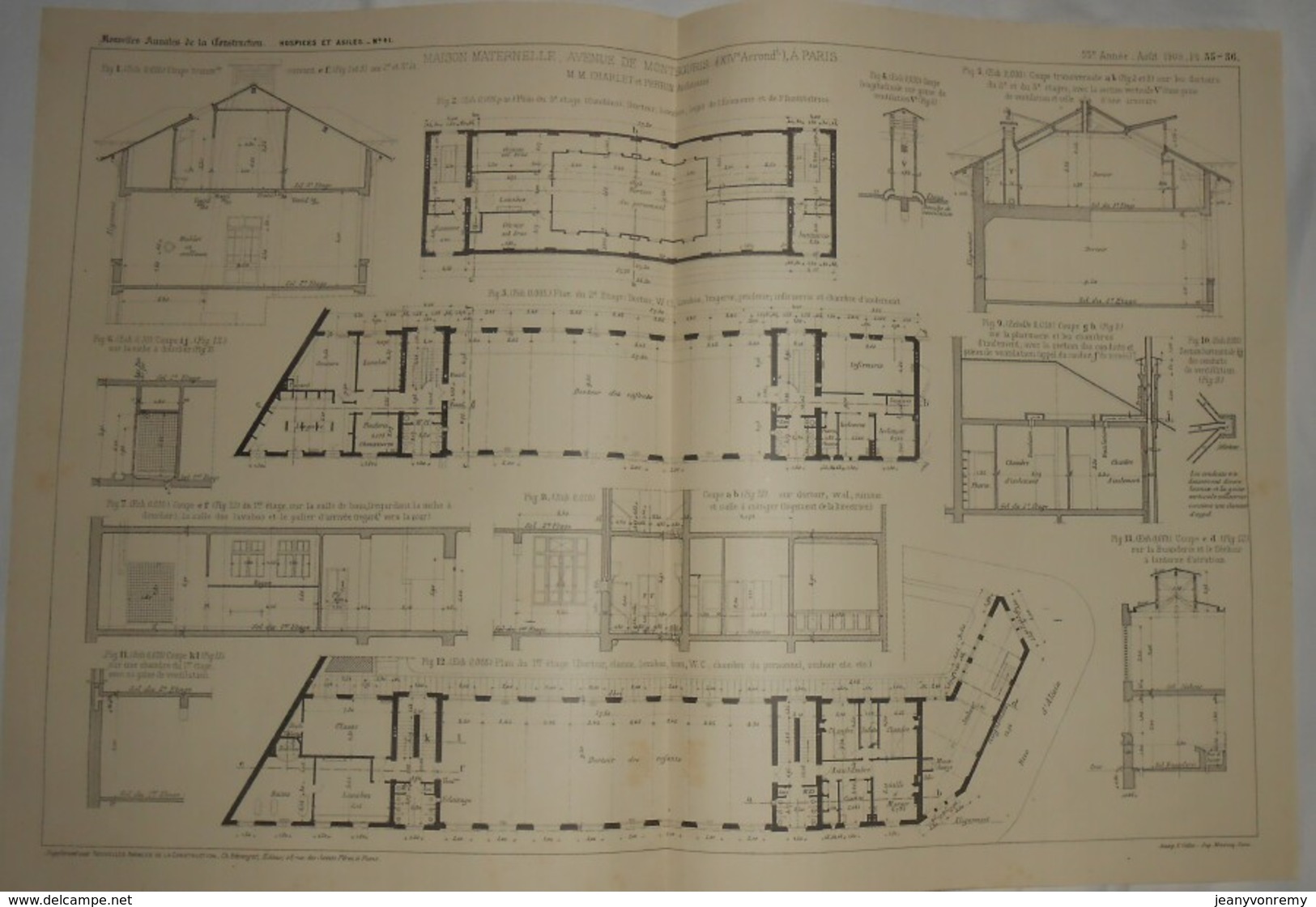 Plan D'une Maison Maternelle, Avenue De Montsouris à Paris. M. M. Charlet Et Perrin, Architectes. 1909 - Travaux Publics