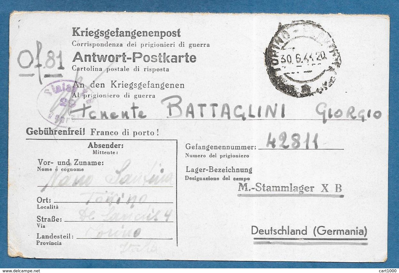 CARD KRIEGSGEFANGENENPOST 1944 M.-STAMMLAGER X B - Documents