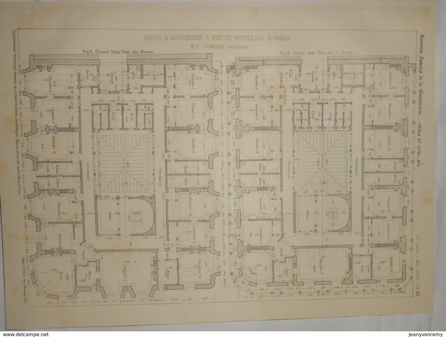 Plan D'un Hôtel à Voyageurs, 8, Rue De Richelieu à Paris. M. C. Lemaire, Architecte. 1909 - Travaux Publics