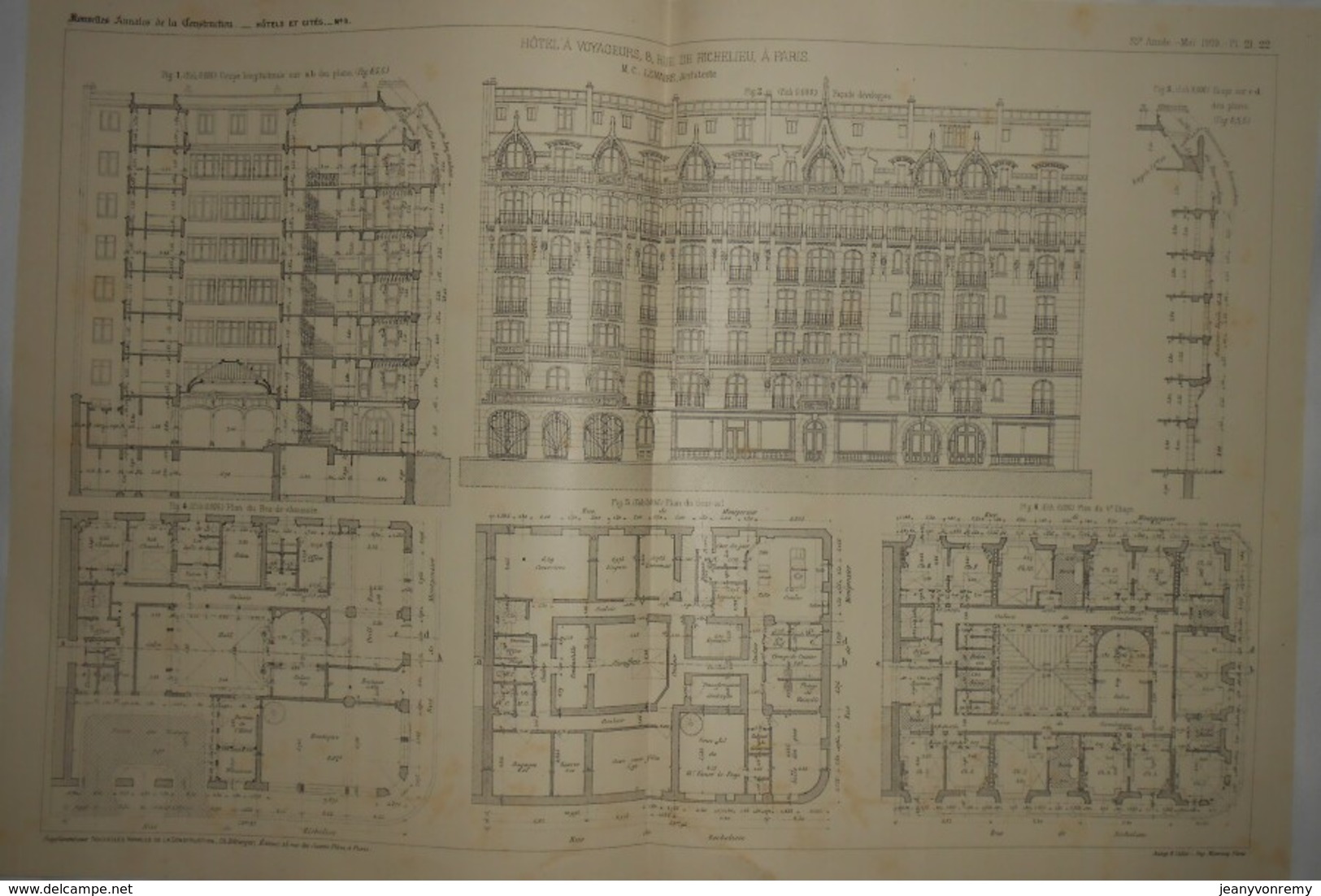 Plan D'un Hôtel à Voyageurs, 8, Rue De Richelieu à Paris. M. C. Lemaire, Architecte. 1909 - Travaux Publics