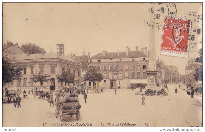 Chalon Sur Saône - La Place De L'Obélisque (animation, Marchand De Glace, Char Chargé De Bonbonnes) Circ 1908 - Chalon Sur Saone