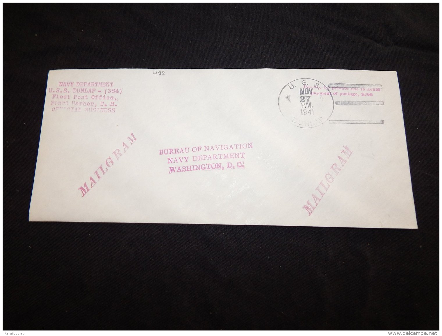 USA 1941 USS Dunlap Mailgram Cover__(LB-498) - Briefe U. Dokumente