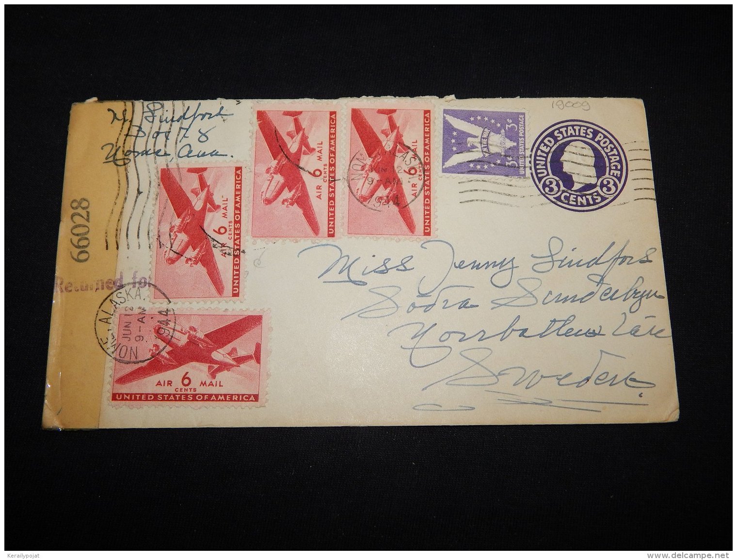 USA 1944 Nome Alaska Censored Air Mail Cover To Sweden__(L-19009) - 2c. 1941-1960 Covers