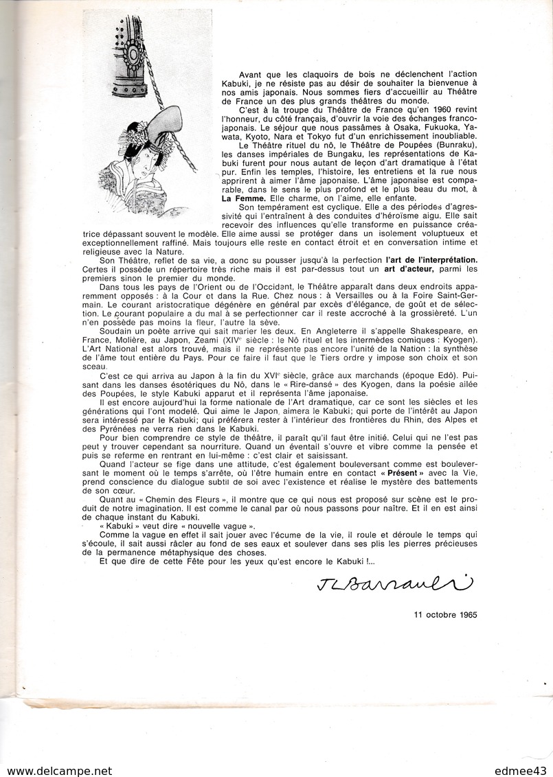 Superbe Programme Théâtre Kabuki De Tokyo (Japon), Odéon (Théâtre De France), Paris, Octobre 1965 - Théâtre & Déguisements