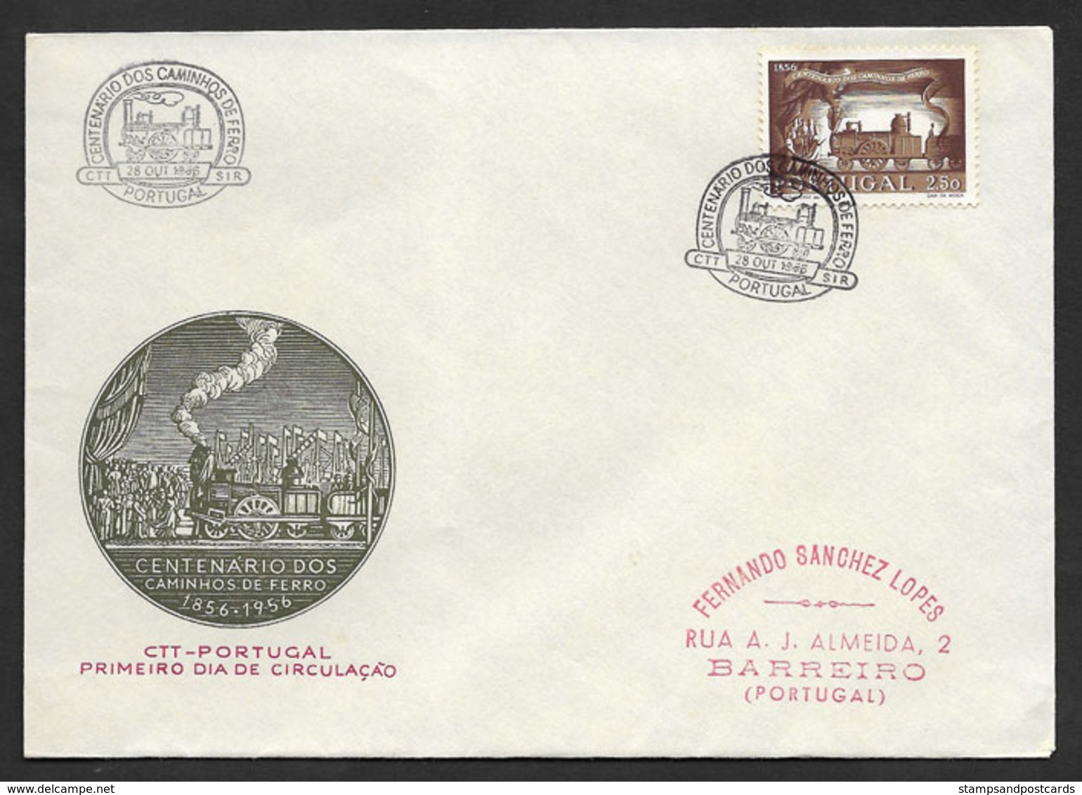 Portugal Centenaire Chemin De Fer 1956 Locomotive A Vapeur FDC Portugal Railroad Centennial Steam Train FDC - Trains